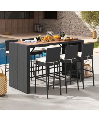7 Pieces Patio Bar Set w/ Acacia Wood Tabletop & Removable Cushions Outdoor