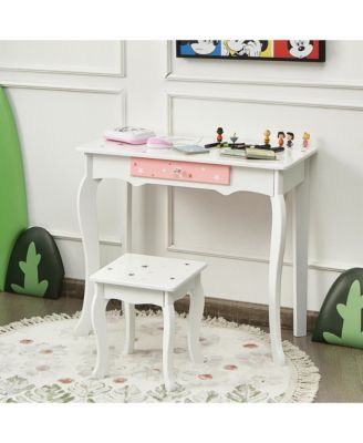 Kids Vanity Princess Makeup Dressing Table Chair Set W/ Tri-folding Mirror
