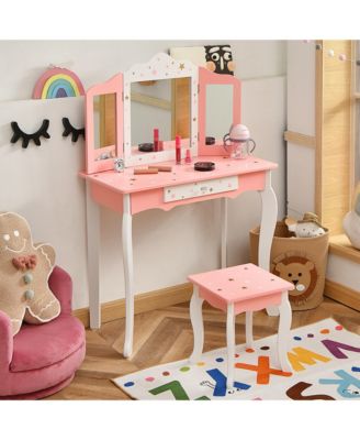 Kids Vanity Princess Makeup Dressing Table Chair Set W/ Tri-folding Mirror