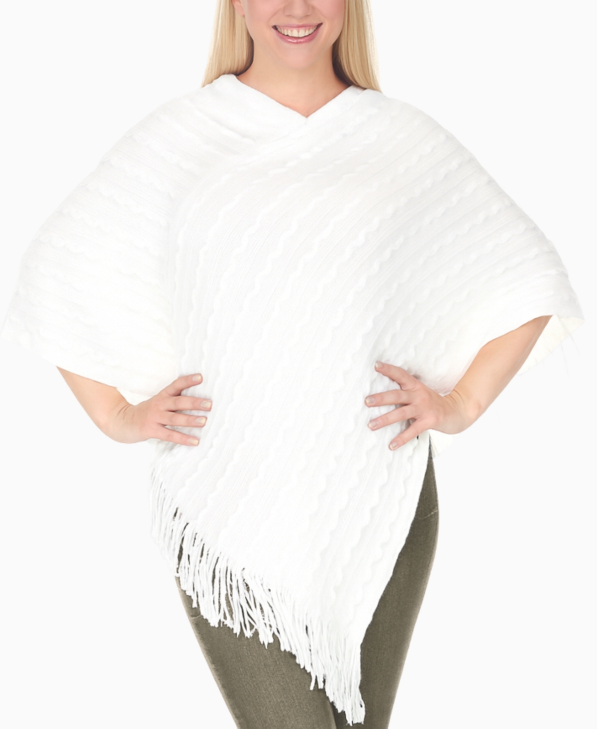 White Mark Women's Lightweight Textured Knit Poncho Sweater In White