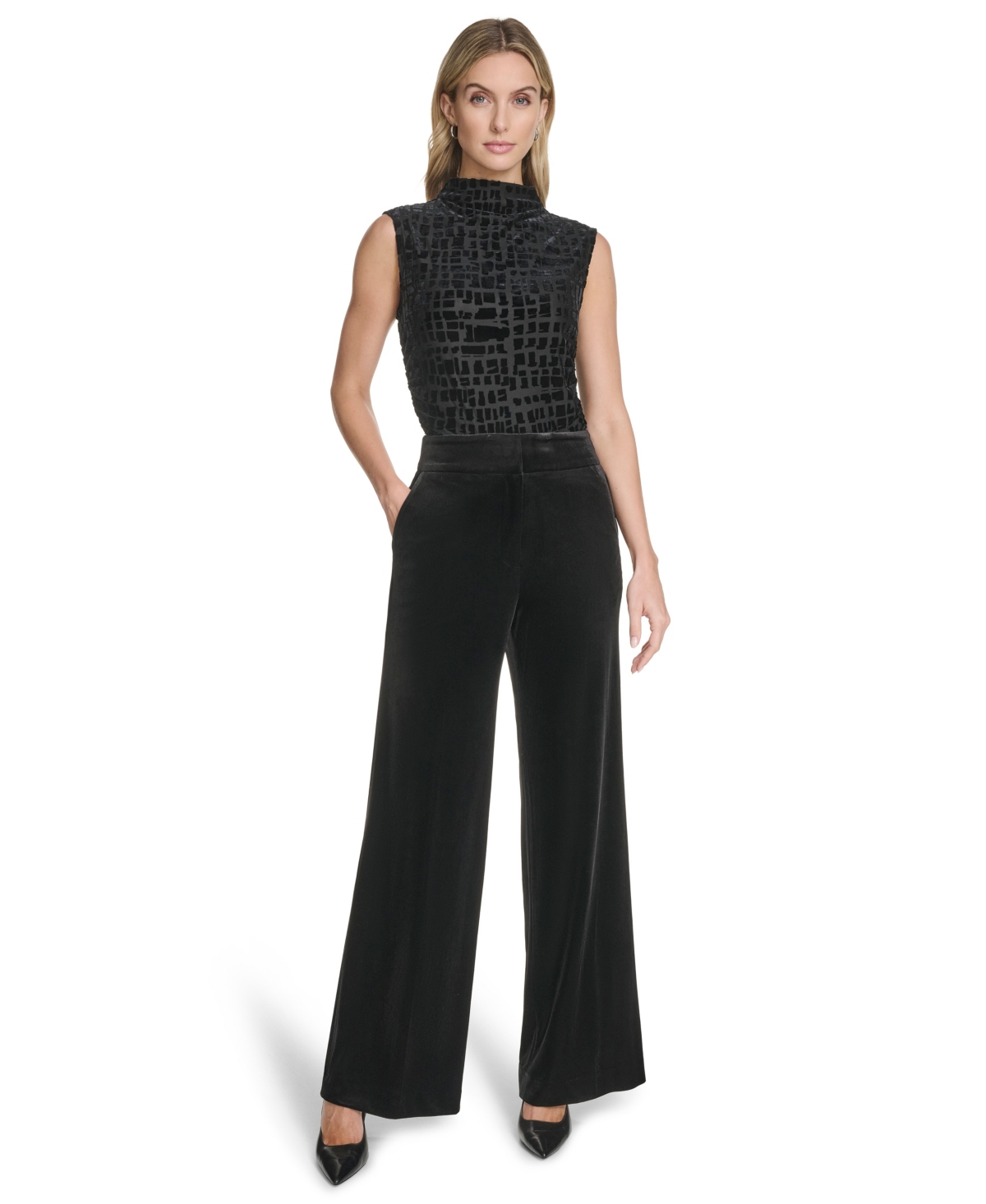Calvin Klein Petite Wide Leg Mid-rise Pants In Black