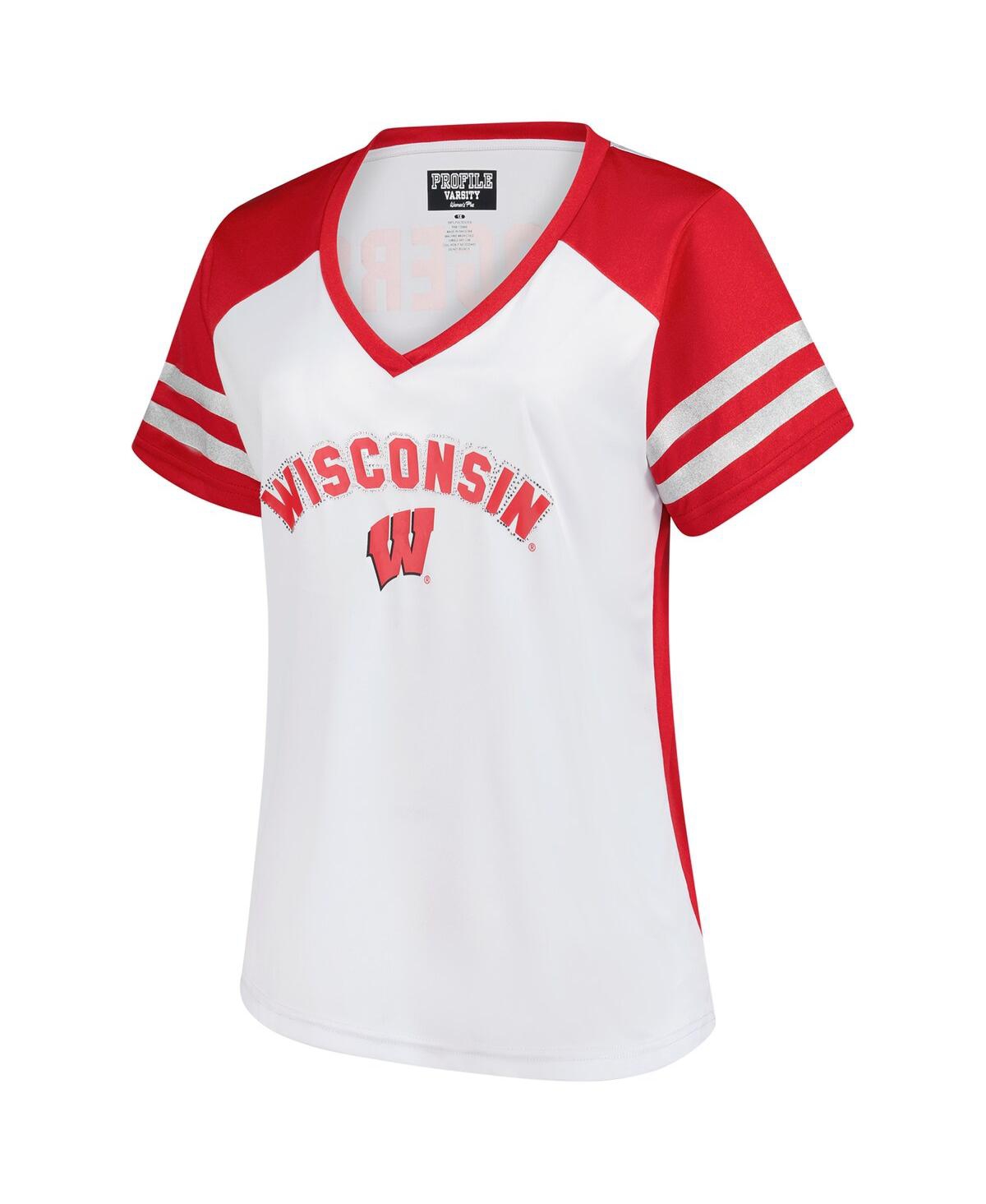 Fanatics Women's White Wisconsin Badgers Plus Size Rhinestone Glitter Sleeve Stripe V-neck T-shirt In White