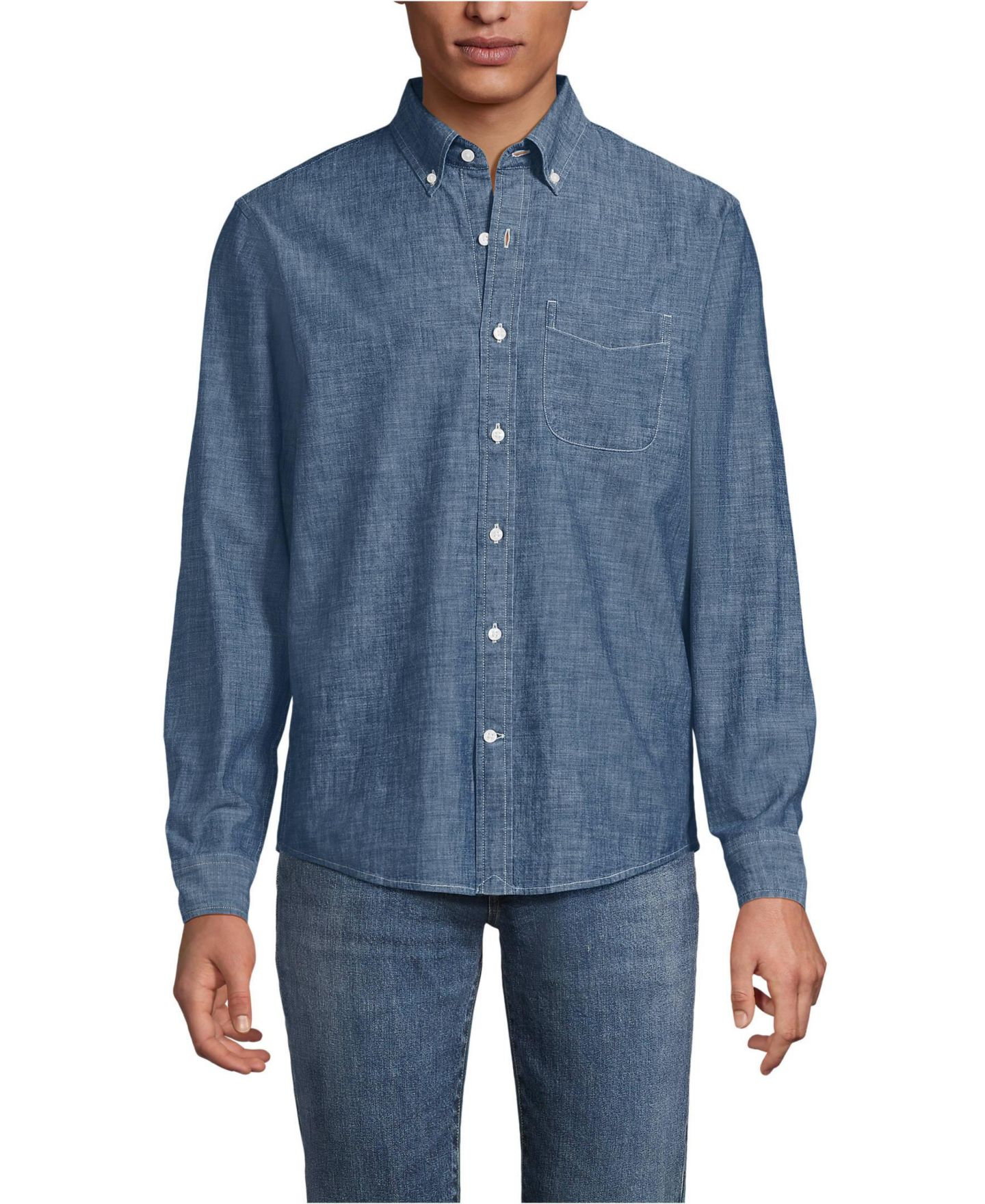 Мужская рубашка Lands' End Long Sleeve Chambray, цвет: Тёмная варка — фото 1