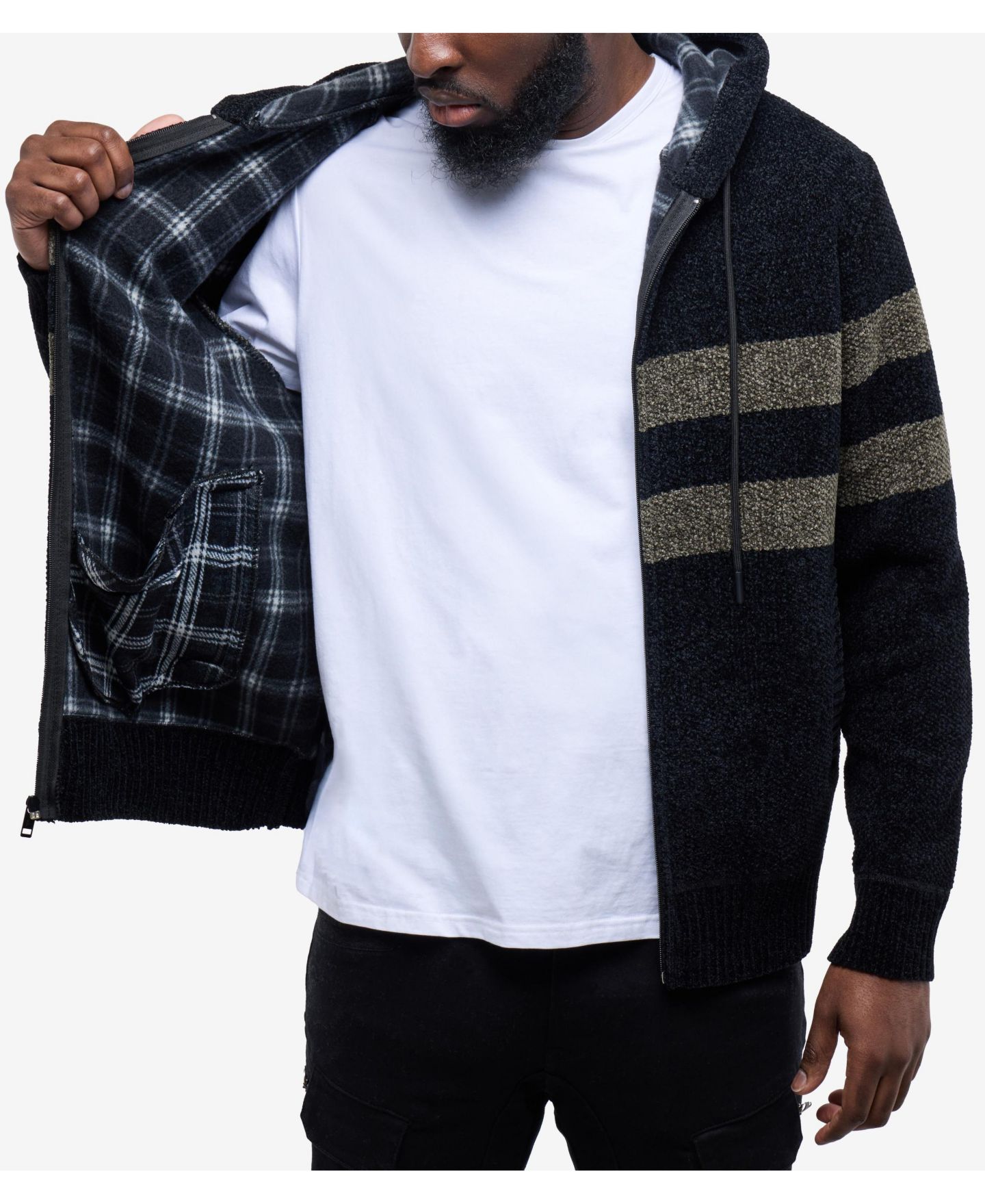 Мужской свитер CULTURA Full Zip Hooded Sweater With Stripes And Flannel Lining, цвет: Чёрный / Зелёный — фото 6