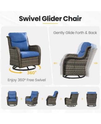 LunaCurve Wicker 3-Piece Outdoor Swivel Glider Set Outdoor Conversation Set with 5 in. Thick Cushions