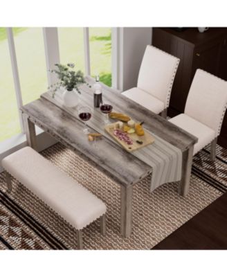 Farmhouse Dining Table Set for 4, Rustic Wooden Kitchen Table with Upholstered Bench & Chairs, Country Style Dinner Set