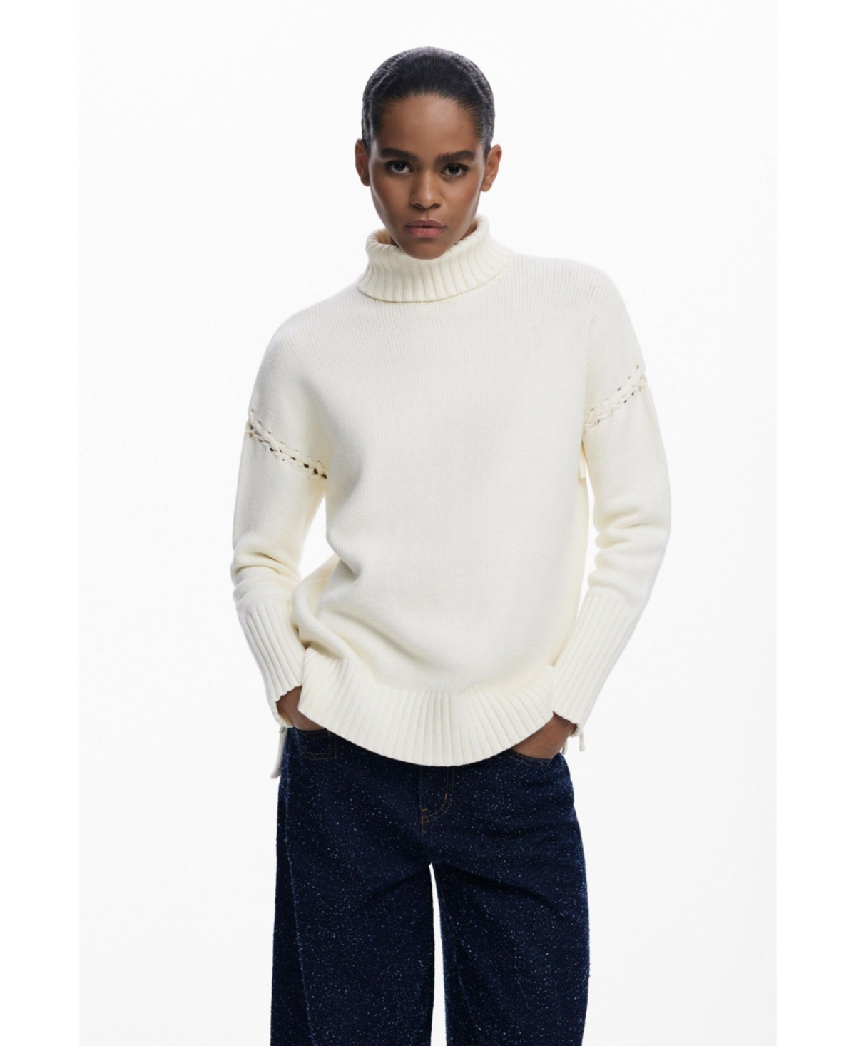 Desigual Laced Sleeve Turtleneck Sweater In White