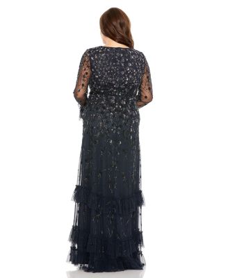 Women's V-Neck Embellished Long Flutter Sleeve Tired Gown