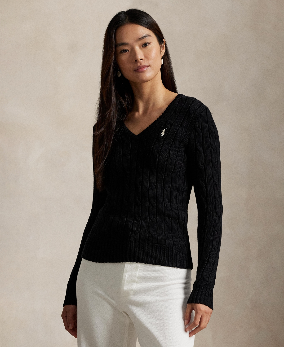 Polo Ralph Lauren Women's Cable-knit Cotton V-neck Sweater In Black