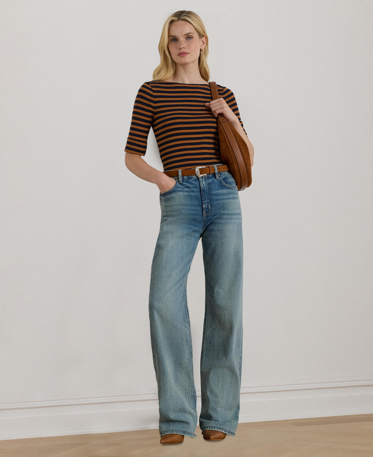 Ralph Lauren Petite Striped Stretch Cotton Boatneck Tee In Brown