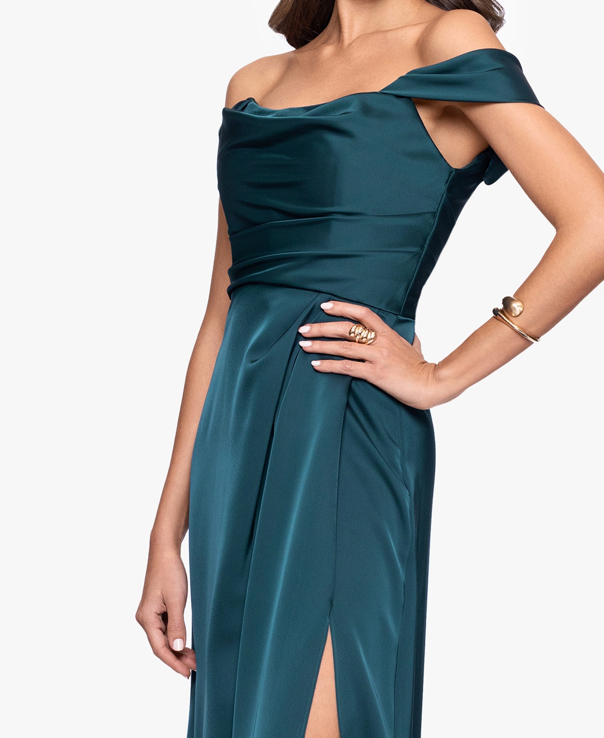 Betsy & Adam Heather Off The Shoulder Satin Gown In Green