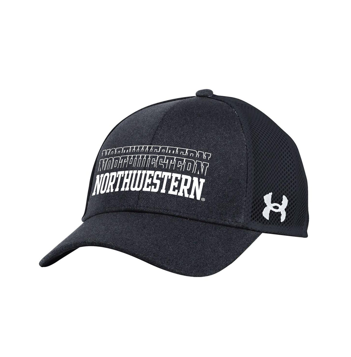 Мужская кепка Under Armour Black Northwestern Wildcats 2024 Sideline Blitzing Trucker Adjustable Hat — фото 1