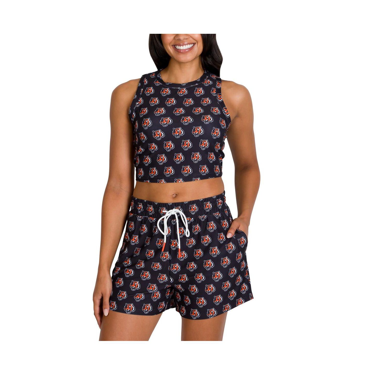 Женские комплекты Concepts Sport Cincinnati Bengals Gauge Allover Print Cropped Tank Top Shorts Sleep Set — фото 2