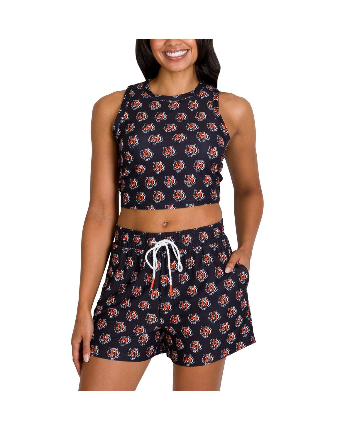 Concepts Sport Women's Cincinnati Bengals Gauge Allover Print Cropped Tank Top Shorts Sleep Set In Black