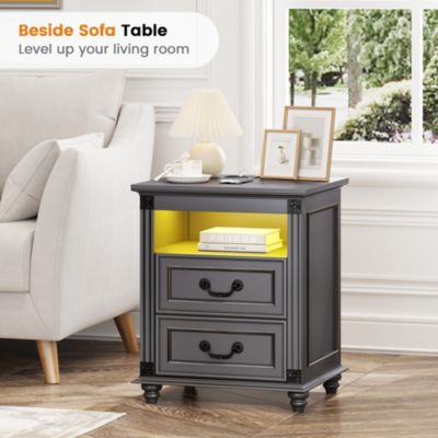 Nightstand with Charging Station, 3-Color LED Lights and 2 Drawers