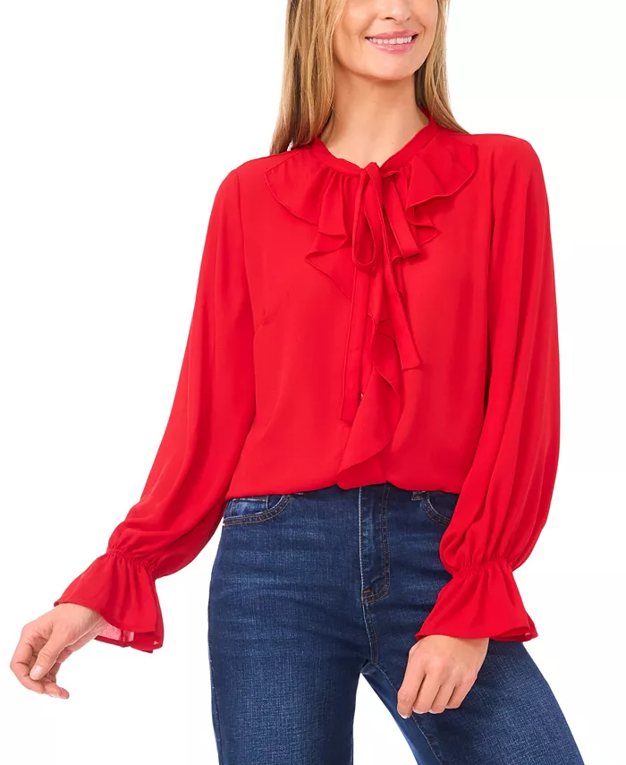 Women's Long Sleeve Button-Down Ruffle Top