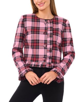 CeCe - Women's Collarless Crew Neck Ruffle Detail Jacket