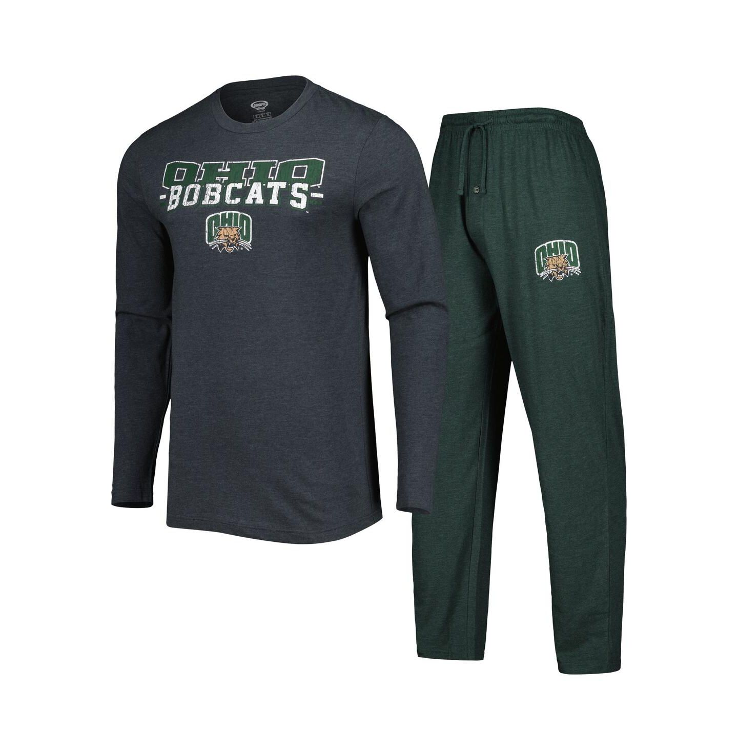 Мужские пижамы Concepts Sport Men's Green/Charcoal Ohio Bobcats Meter Long Sleeve Top and Pants Sleep Set — фото 1