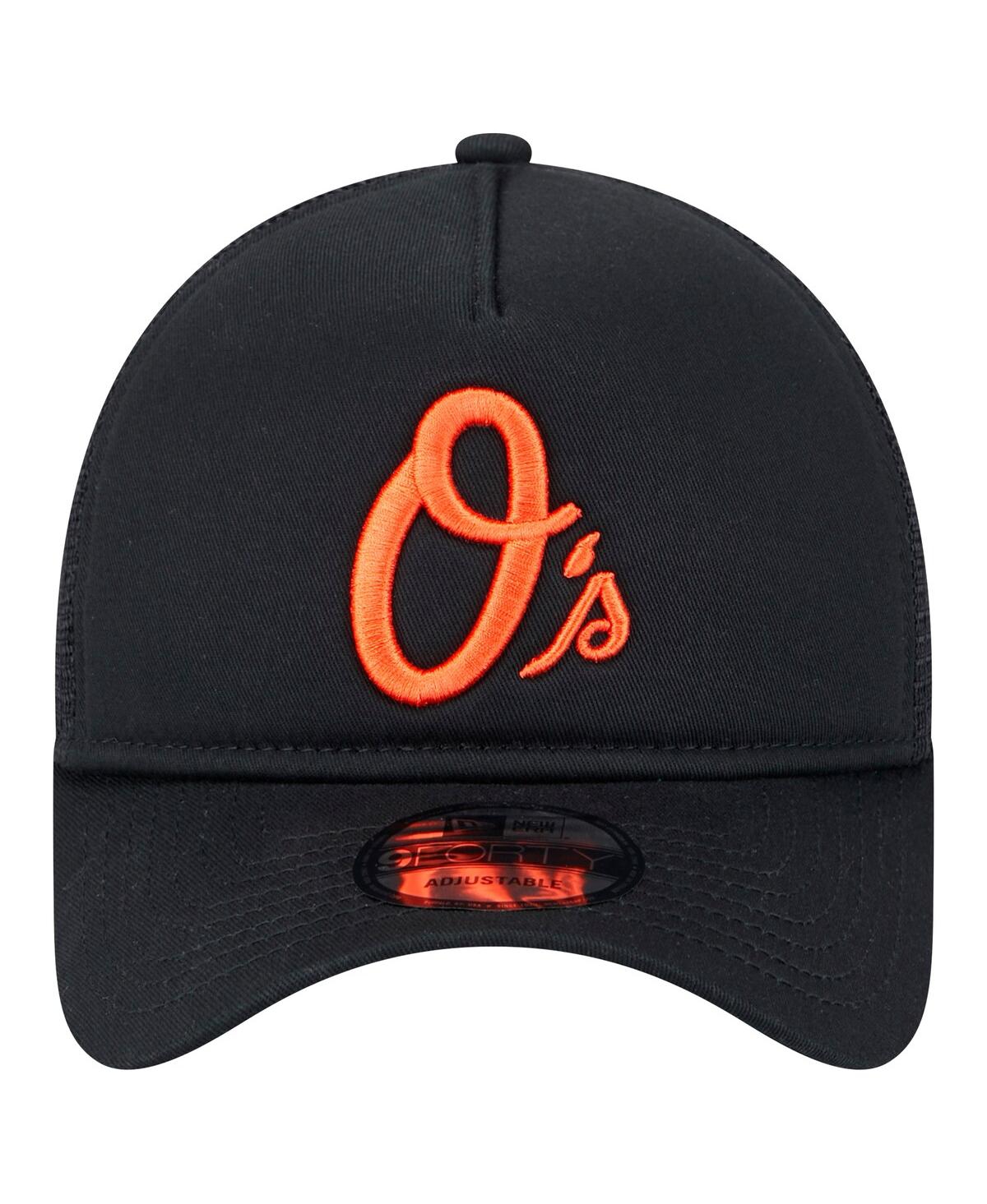 New Era Men's Black Baltimore Orioles 9forty A-frame Trucker Adjustable Hat In Black