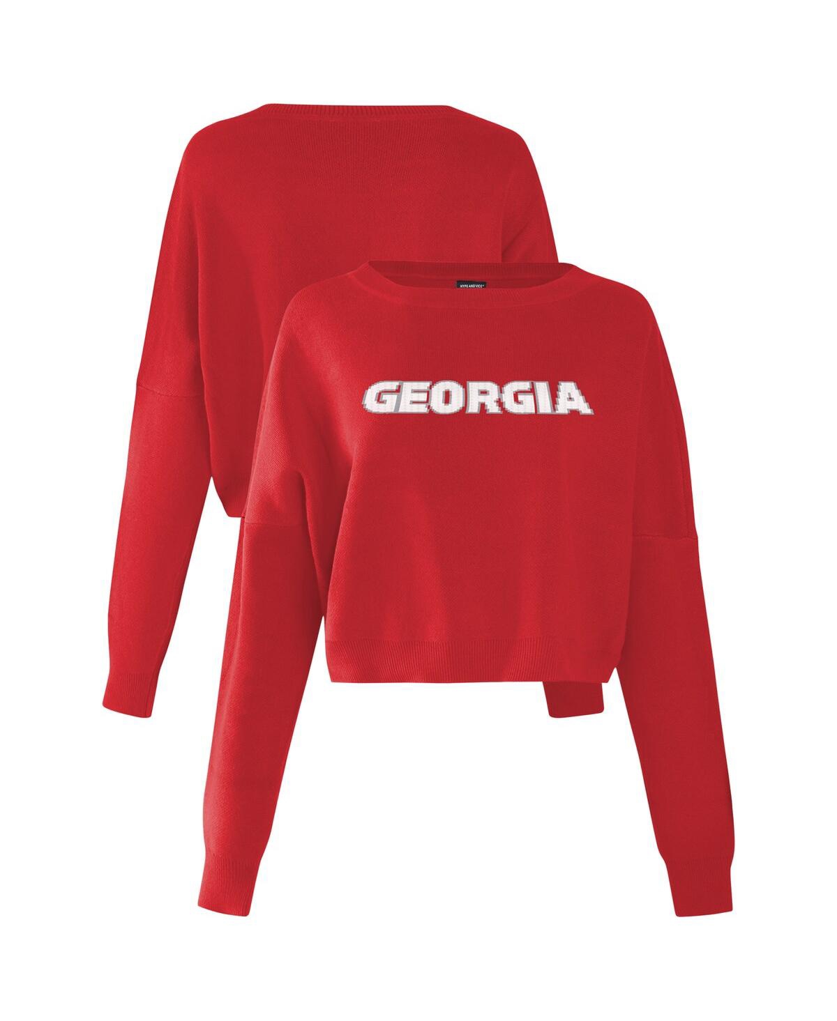 Hype And Vice Women's Red Georgia Bulldogs Oversized Cropped Ivy Knit Pullover Sweater
