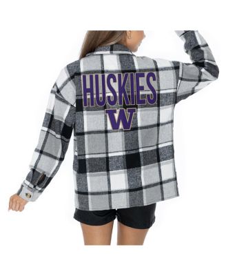 Gameday Couture - Women's Grey Washington Huskies Long Sleeve Brushed Plaid Button-Up Overshirt Jacket