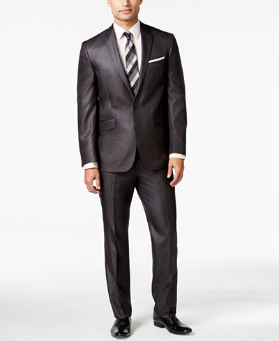 Kenneth Cole Reaction Slim-Fit Charcoal Basketweave Suit - Suits & Suit ...