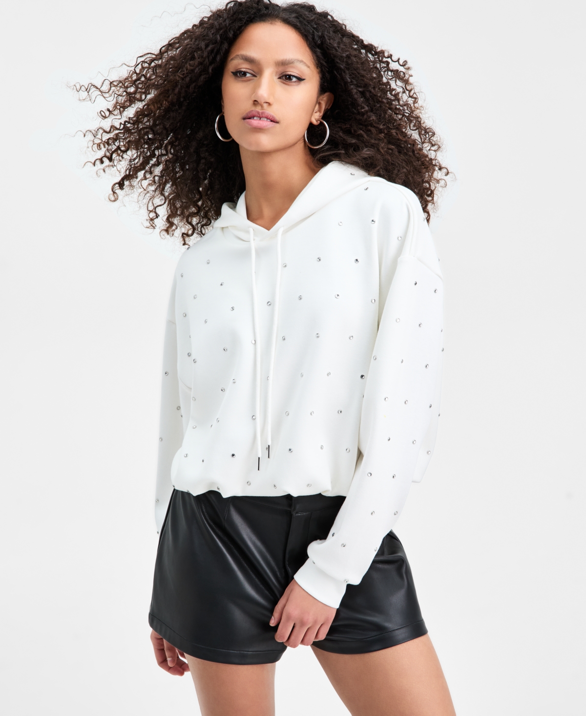 Bar Iii Women's Rhinestone-embellished Bubble-hem Hoodie, Macy's Exclusive In White