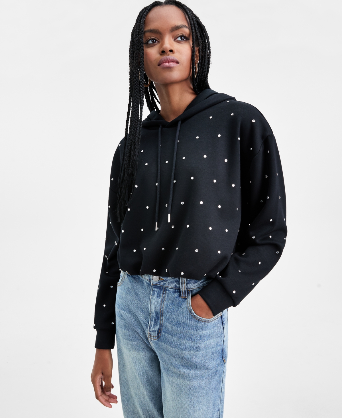 Bar Iii Women's Rhinestone-embellished Bubble-hem Hoodie, Macy's Exclusive In Black