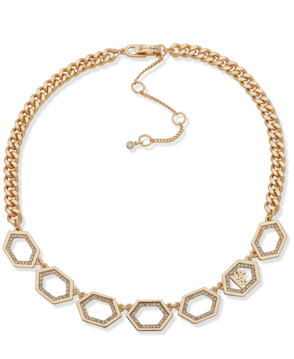 Karl Lagerfeld Glass Stone Extender Logo Pave Frontal Necklace In Gold