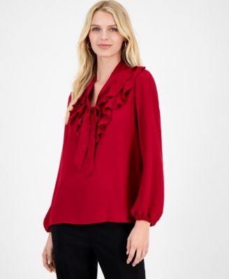 Kasper - Women's Ruffled Tie-Front Long-Sleeve Blouse