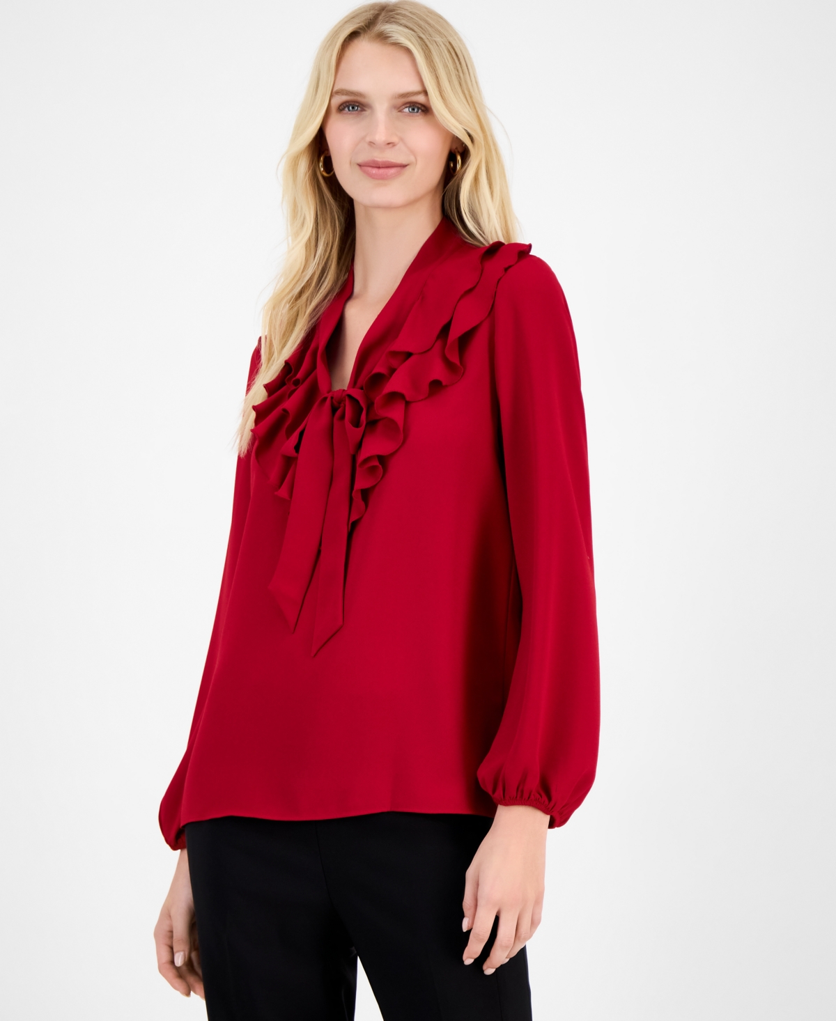 Kasper Women's Ruffled Tie-Front Long-Sleeve Blouse
