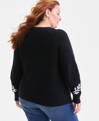 Plus Size Embroidered Raglan-Sleeve Sweater, Macy's Exclusive