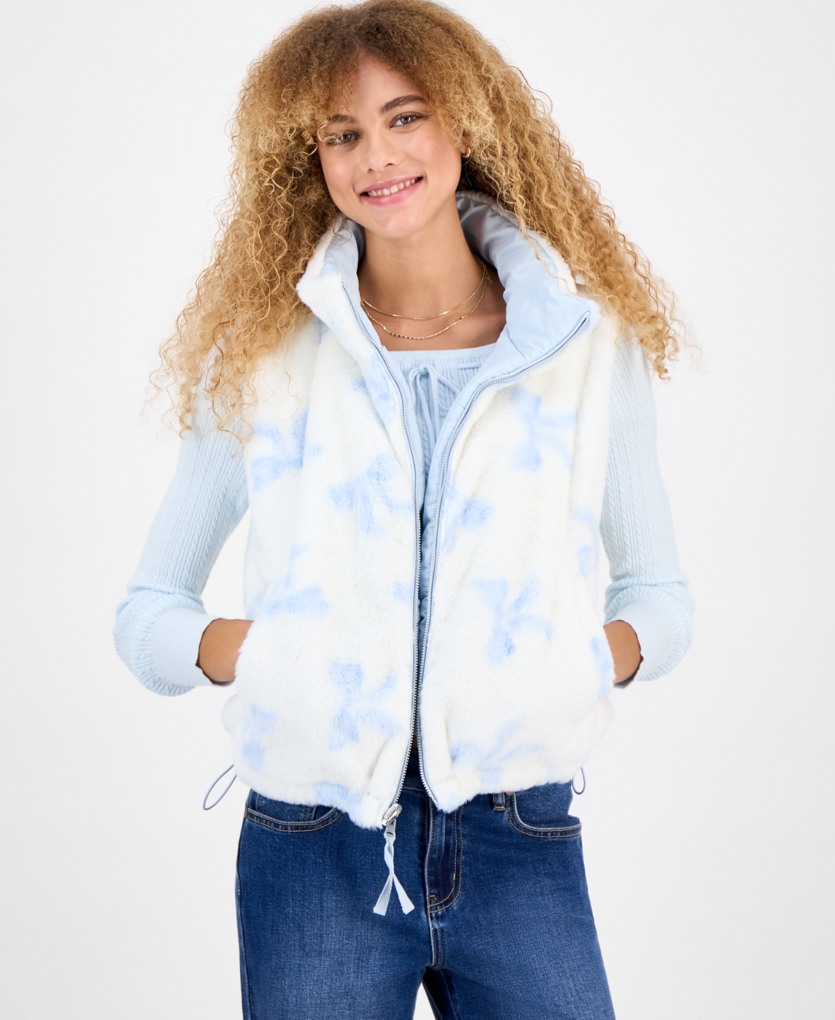Planet Gold Juniors' Reversible Sherpa Puffer Vest Jacket In Blue