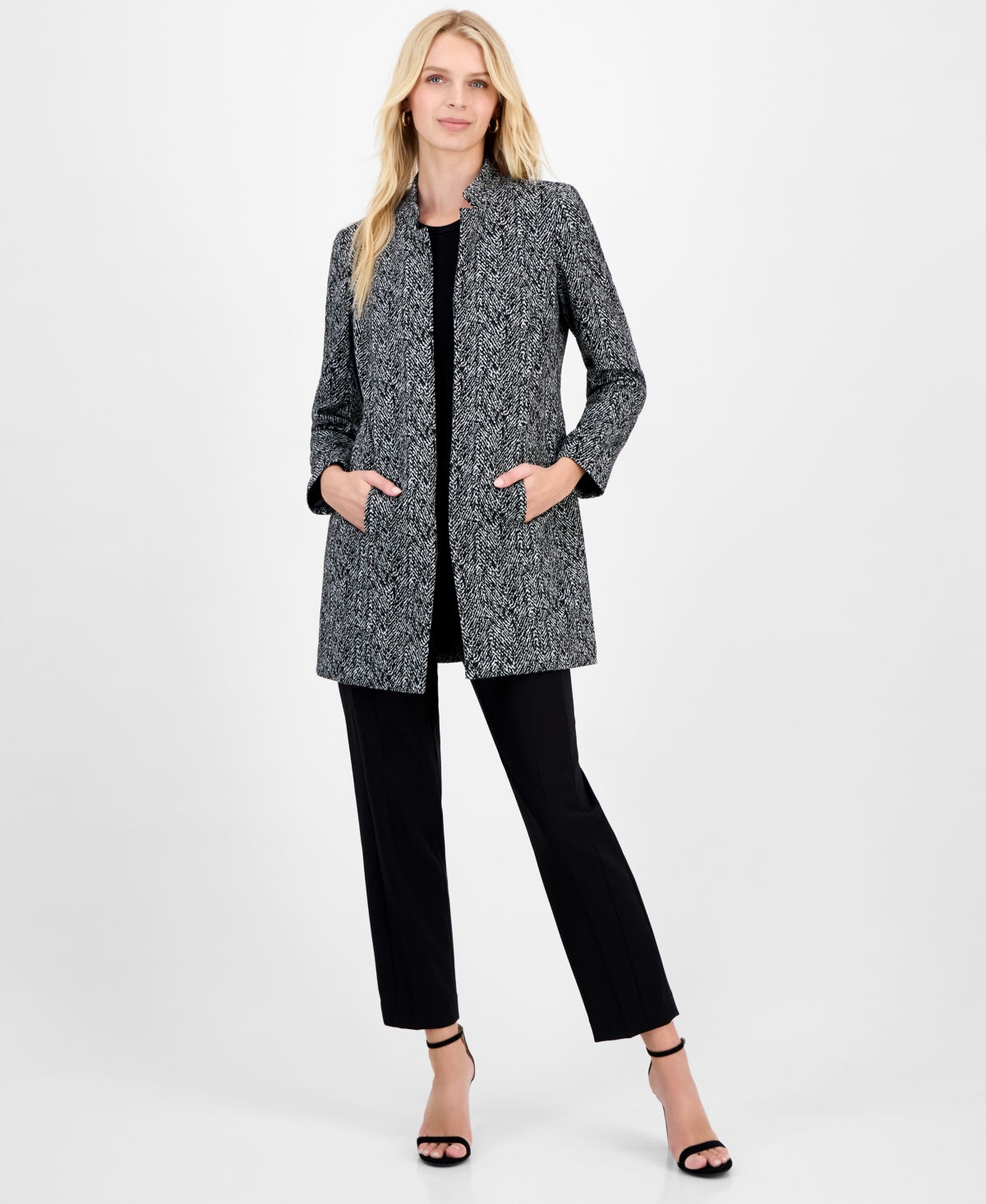 Kasper Women's Jacquard Mandarin-Collar Open-Front Topper