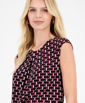 Women's Geo-Print Pleated-Neck Blouse, Regular & Petite
