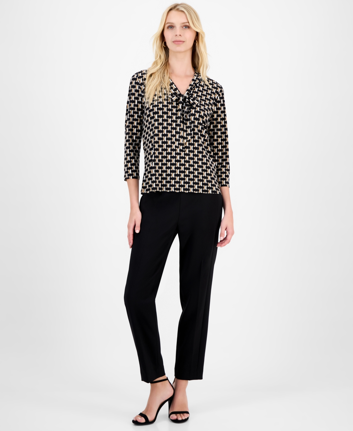 Kasper Women's Geo-print Tie-neck 3/4-sleeve Blouse In Black