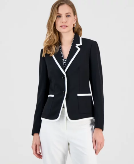 Women's Stretch Crepe Two Button Blazer, Regular & Petite - Black/Vanilla Ice