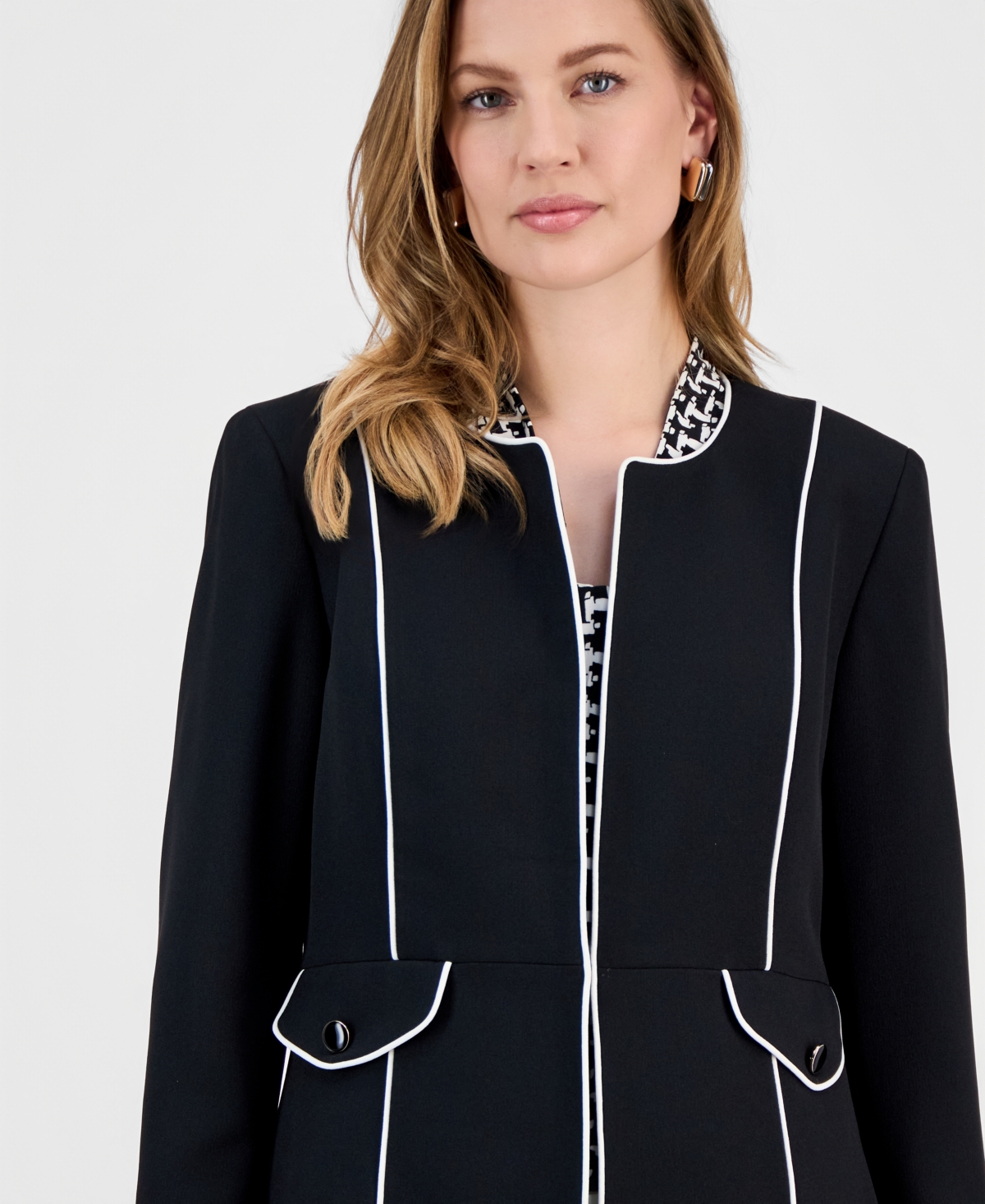 Kasper Women's Stretch Crepe Piping-Trim Long Jacket