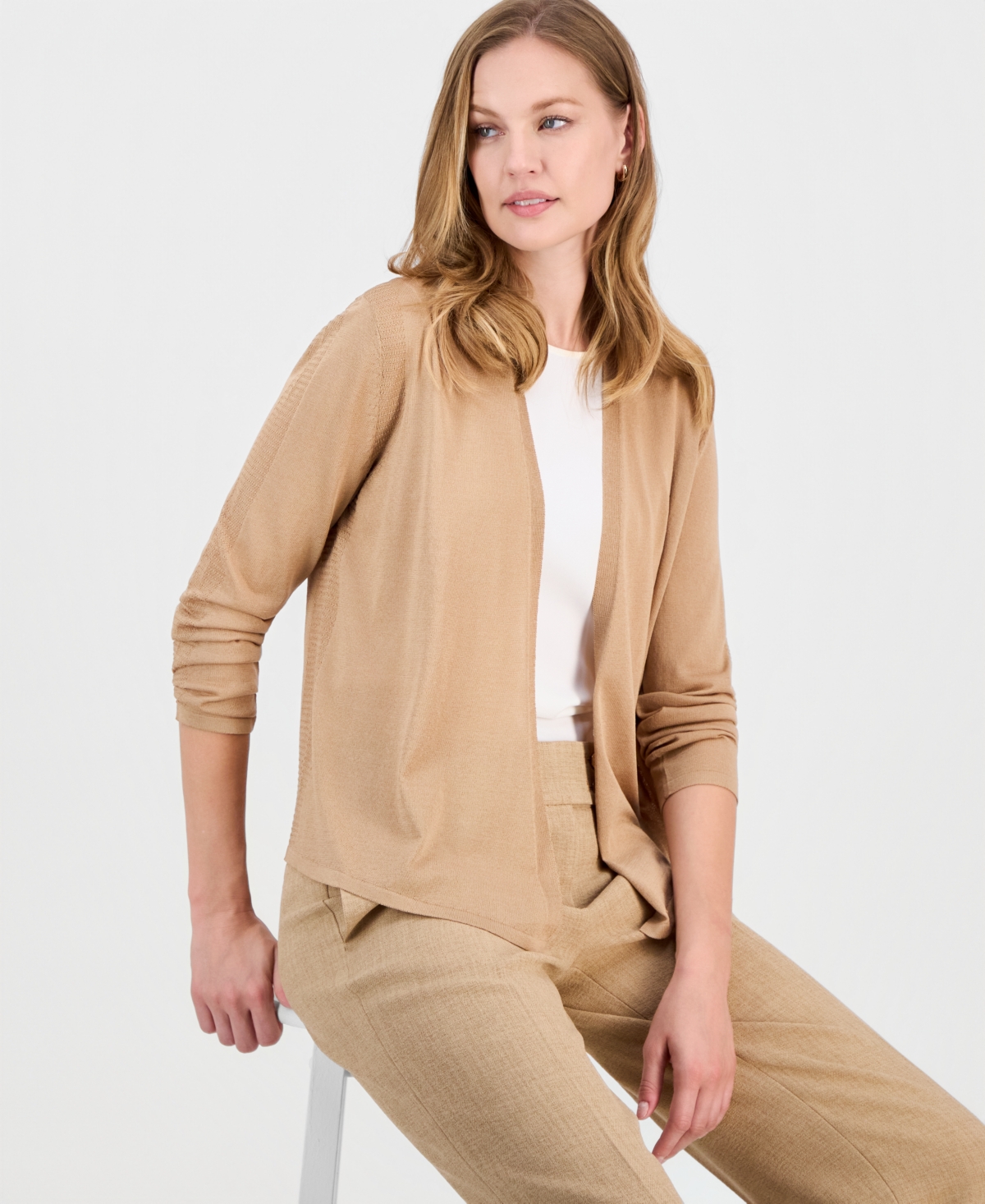 Kasper Women's Stitch-detail Open-front Cardigan In Neutral