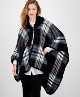 Women's Faux-Fur-Collar Plaid Wrap