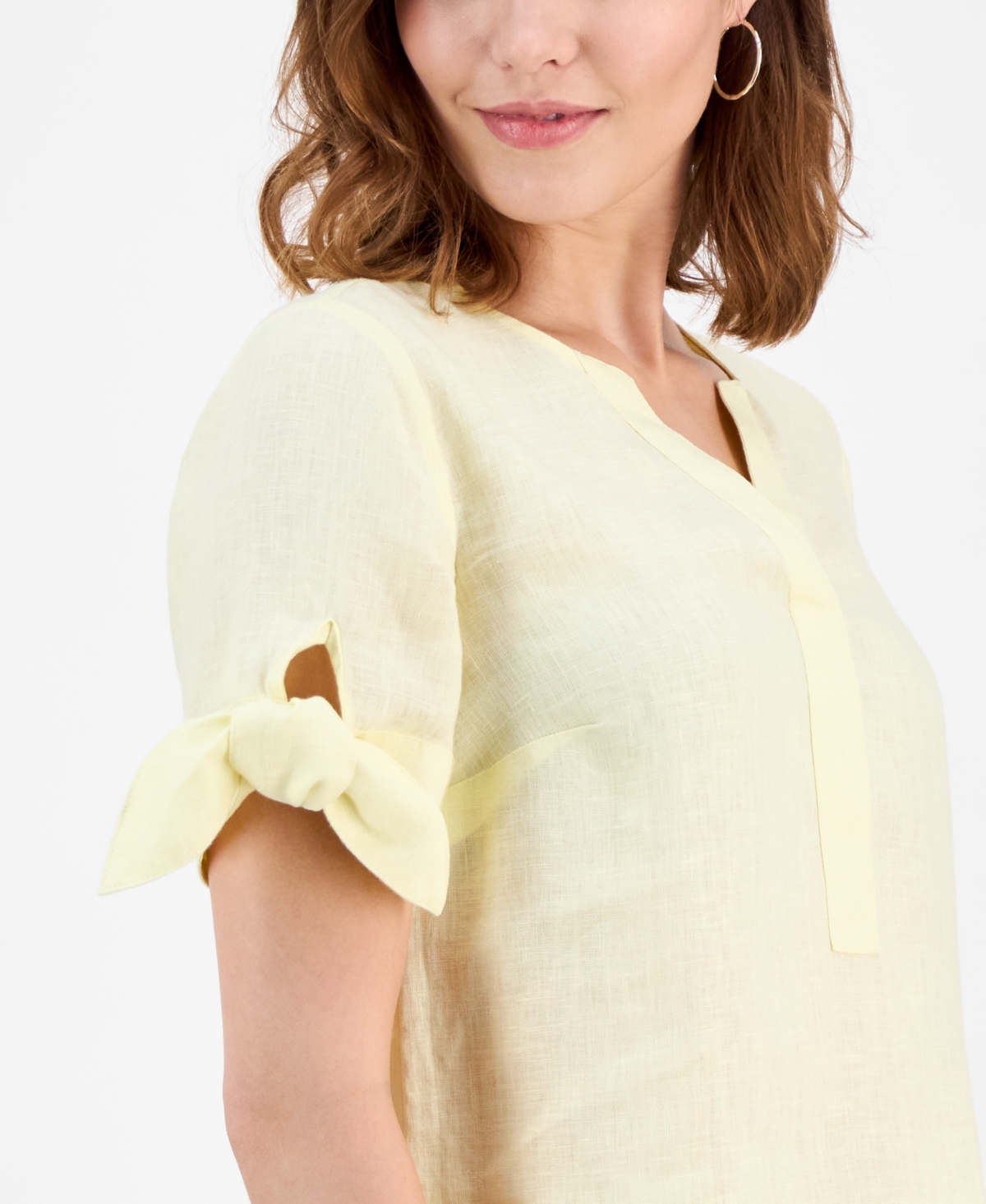 Charter Club Women's 100% Linen Split-neck Tie-cuff Top, Created For Macy's In Yellow