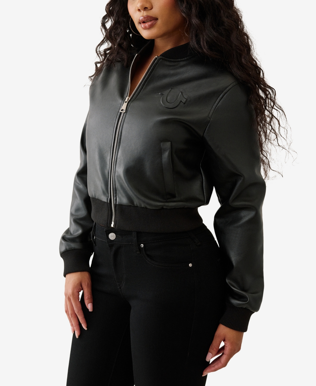 True Religion Women's Crop Polyurethane Bomber Jacket In Black
