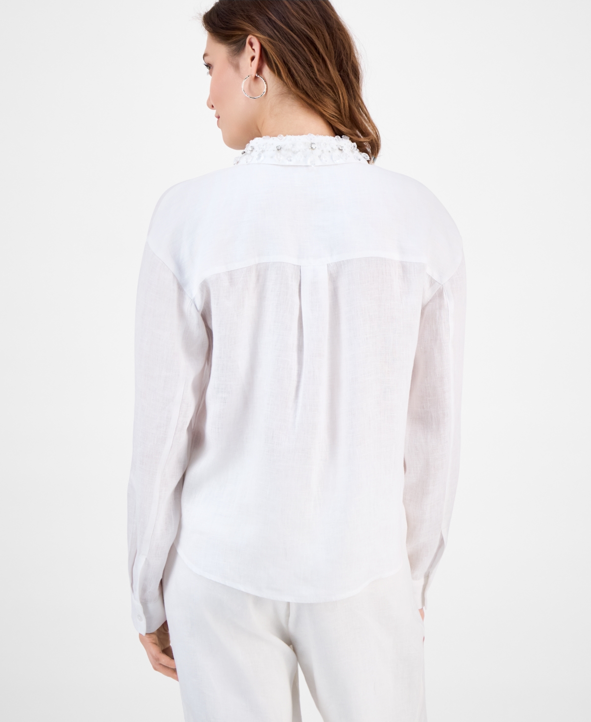 Charter Club Women's Embellished-collar 100% Linen Shirt, Macy's Exclusive In White