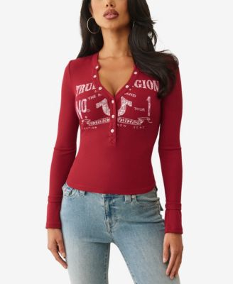 Women's LS Printed Ribbed Henley Top