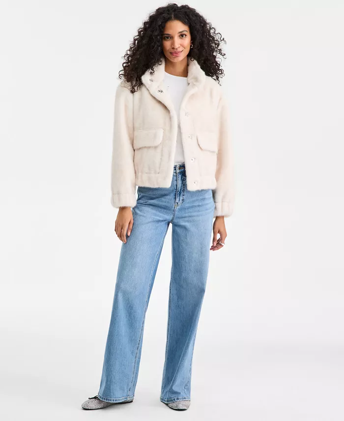 Women's Woven Solid Faux-Fur Bomber Jacket - thumbnail 7
