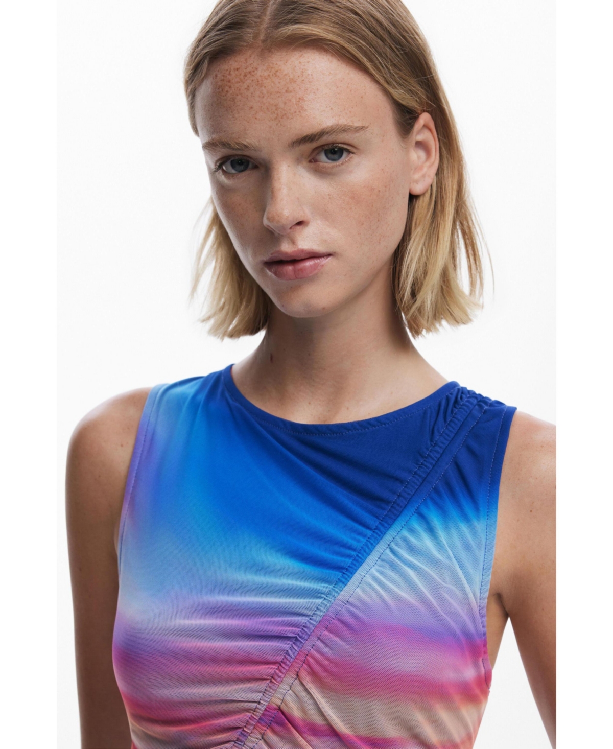 Desigual Drawstring Front Mesh Tank In Blue