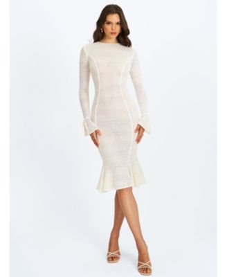 Women's Pamina Beige Crochet Long Sleeve Midi Flare Mermaid Dress