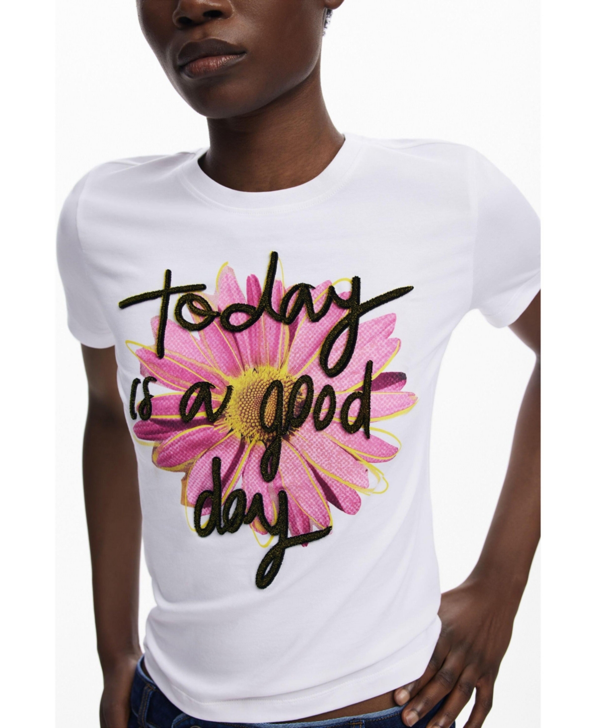 Desigual Stretch Cotton Graphic T-shirt In White