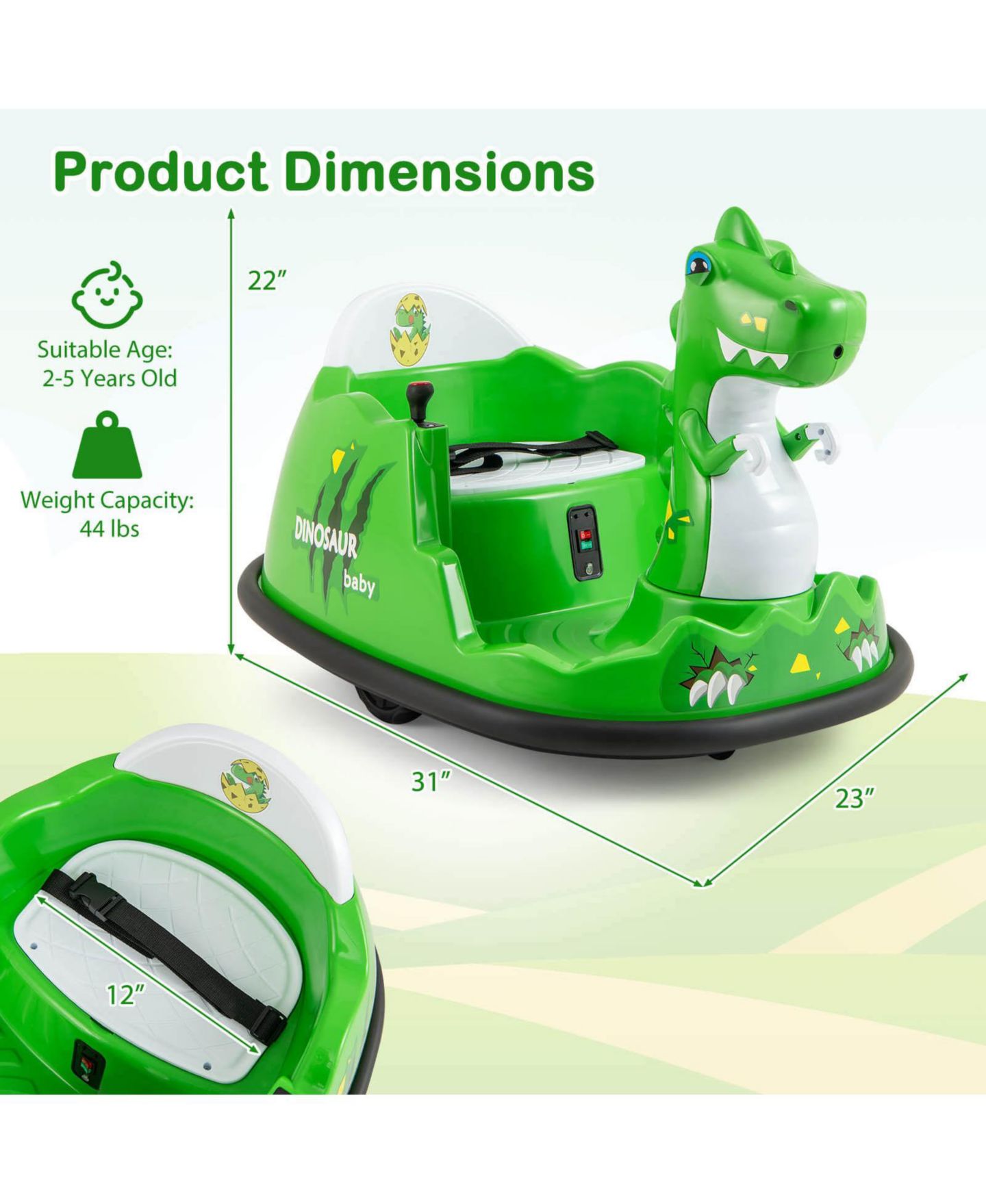 Детская игрушка Costway Dinosaur Ride-On Bumper Car with Remote Control, Spray and Lights, 44 lbs, 2–5 лет, цвет: Зелёный — фото 4