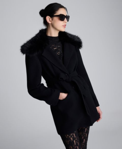 Женские куртки Kenneth Cole Faux Fur Trim Notched Collar Belted Jacket